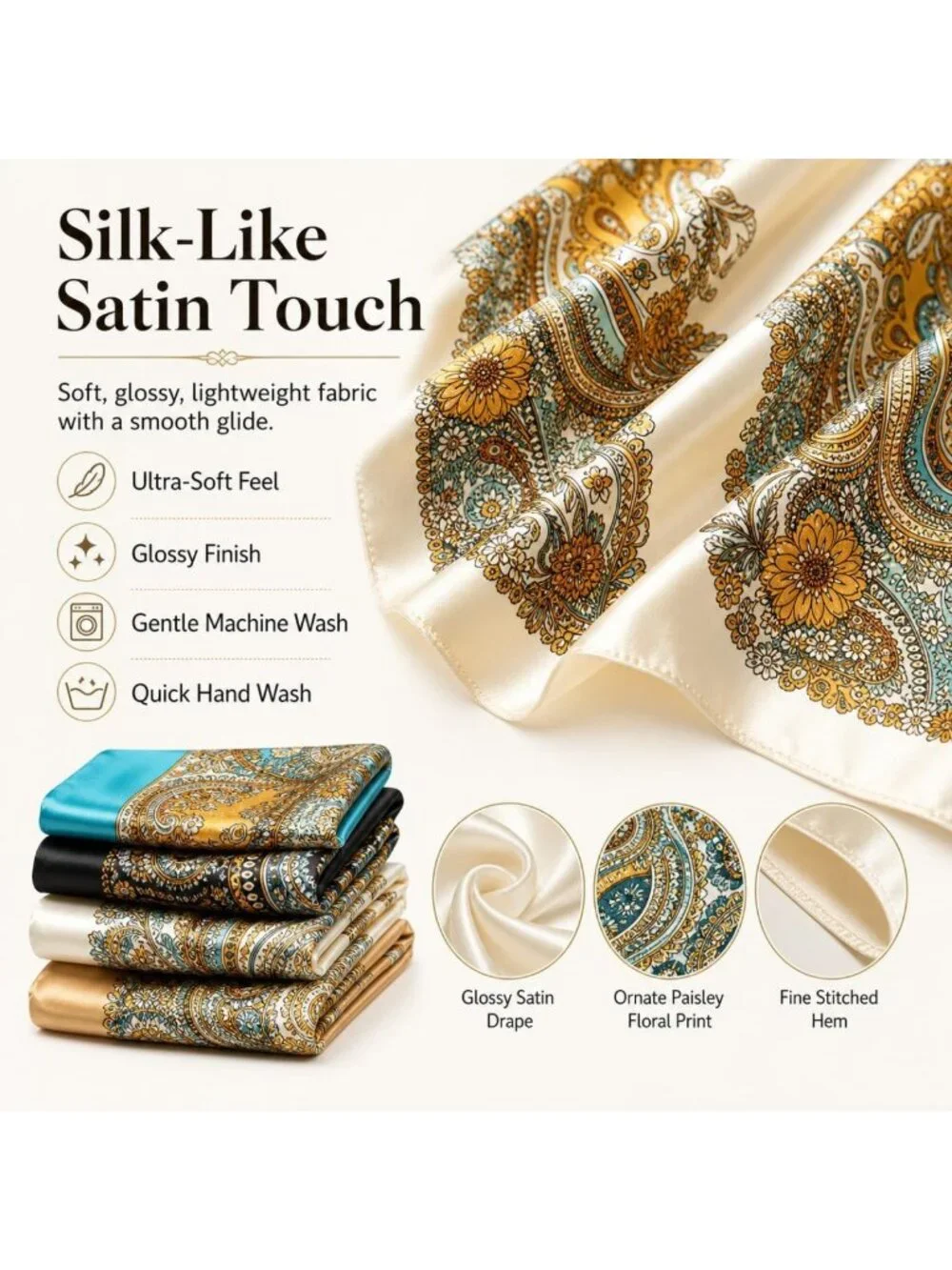 4PCS 35” Satin Large Square Scarves - Silk-Like Neck Wraps & Hair Accessories